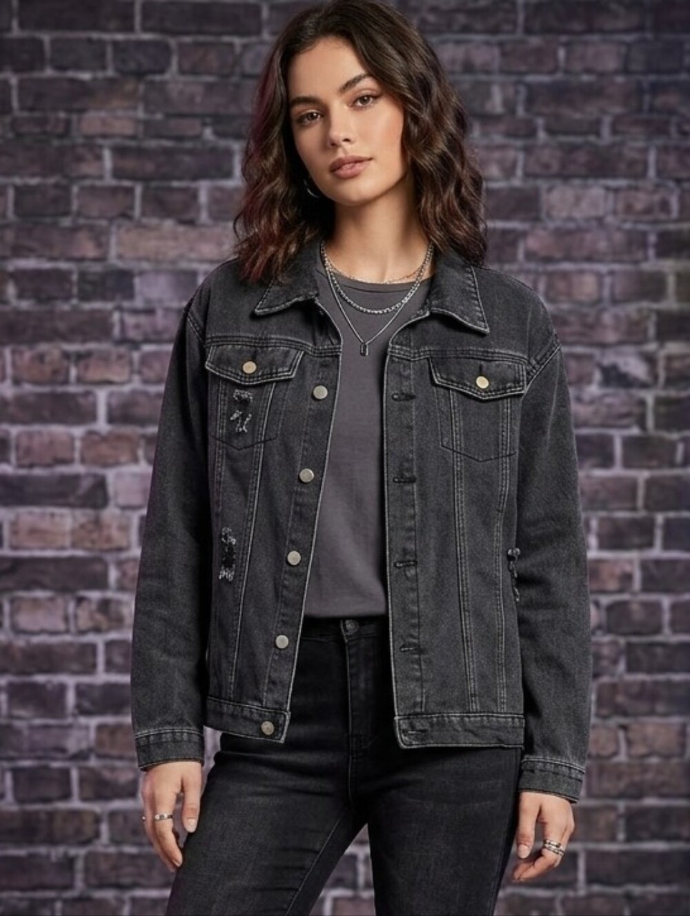 SHEIN Washed Black Denim Jean Jacket Size 16Y